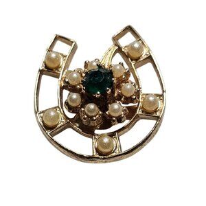Vintage Gold-Tone Horseshoe Pin With Faux Pearls & Green Stone Accent, 1 inch